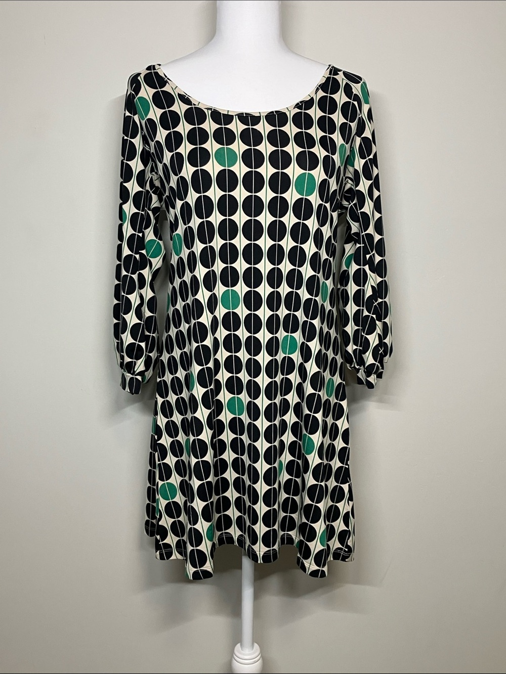 Max Sport Black and Green Polka Dot Dress Retro Mod Size L